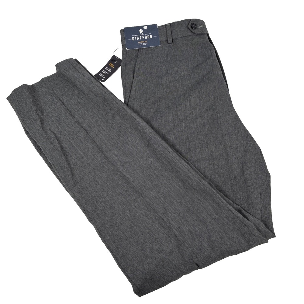 New Mens Stafford Classic Fit Travel Trouser Gray Herringbone Pants Size 32x34